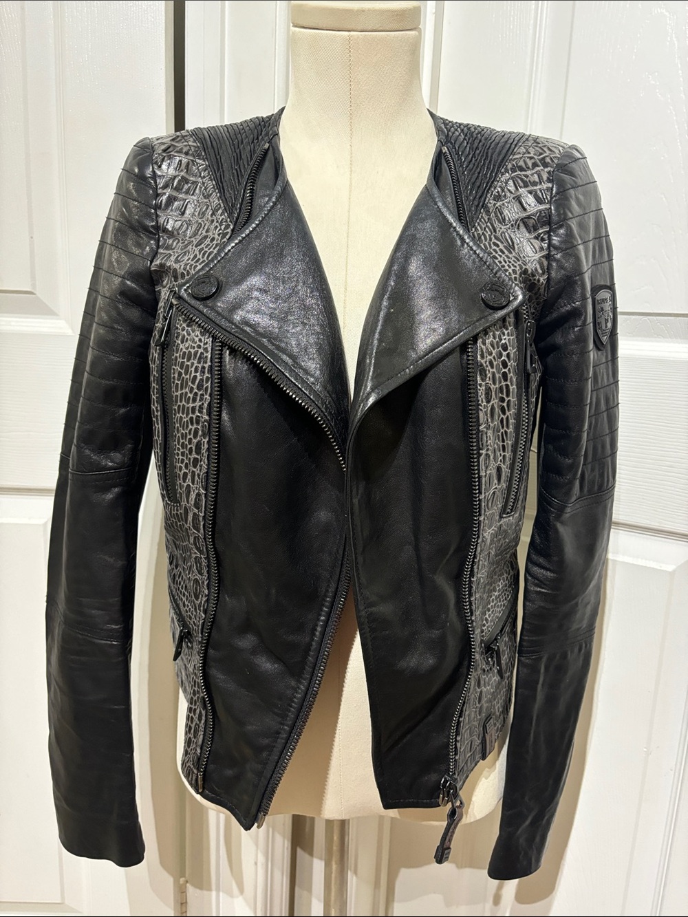 RUDSAK Black Croc-Texture Leather Moto Jacket